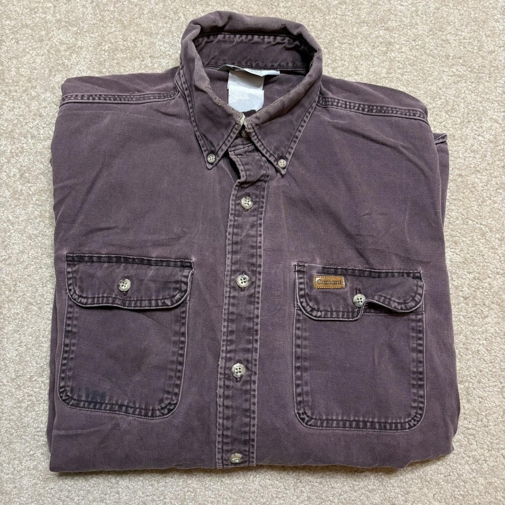 Vtg Carhartt Shirt Mens Large Purple Twill Button Up LS Faded Distressed 90s - Picture 9 of 16